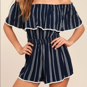Lulus Navy Blue Print Off-the-Shoulder Romper